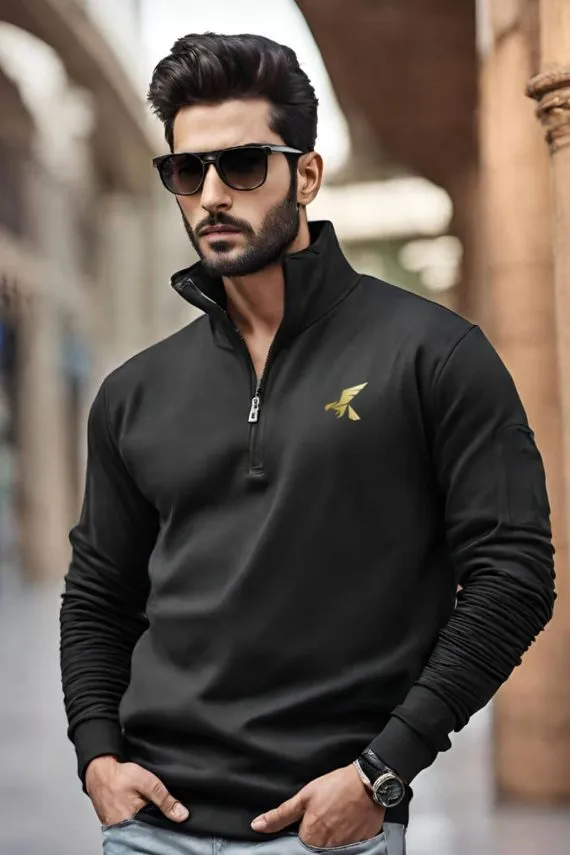 Premium Black Mockneck Zipper with Gold Hawkify Printed Logo