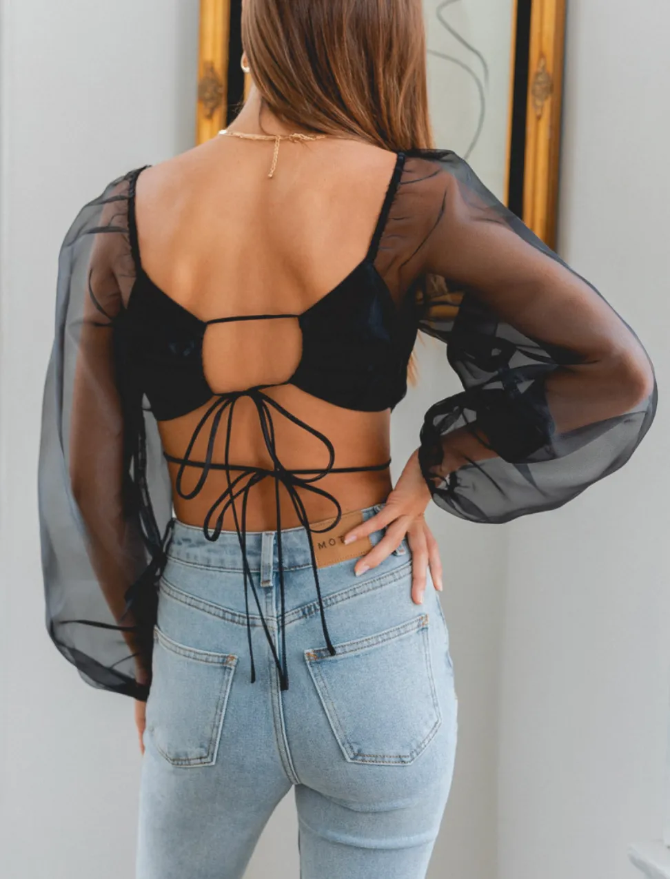 Puff Long Sleeve Tie Back Crop Top