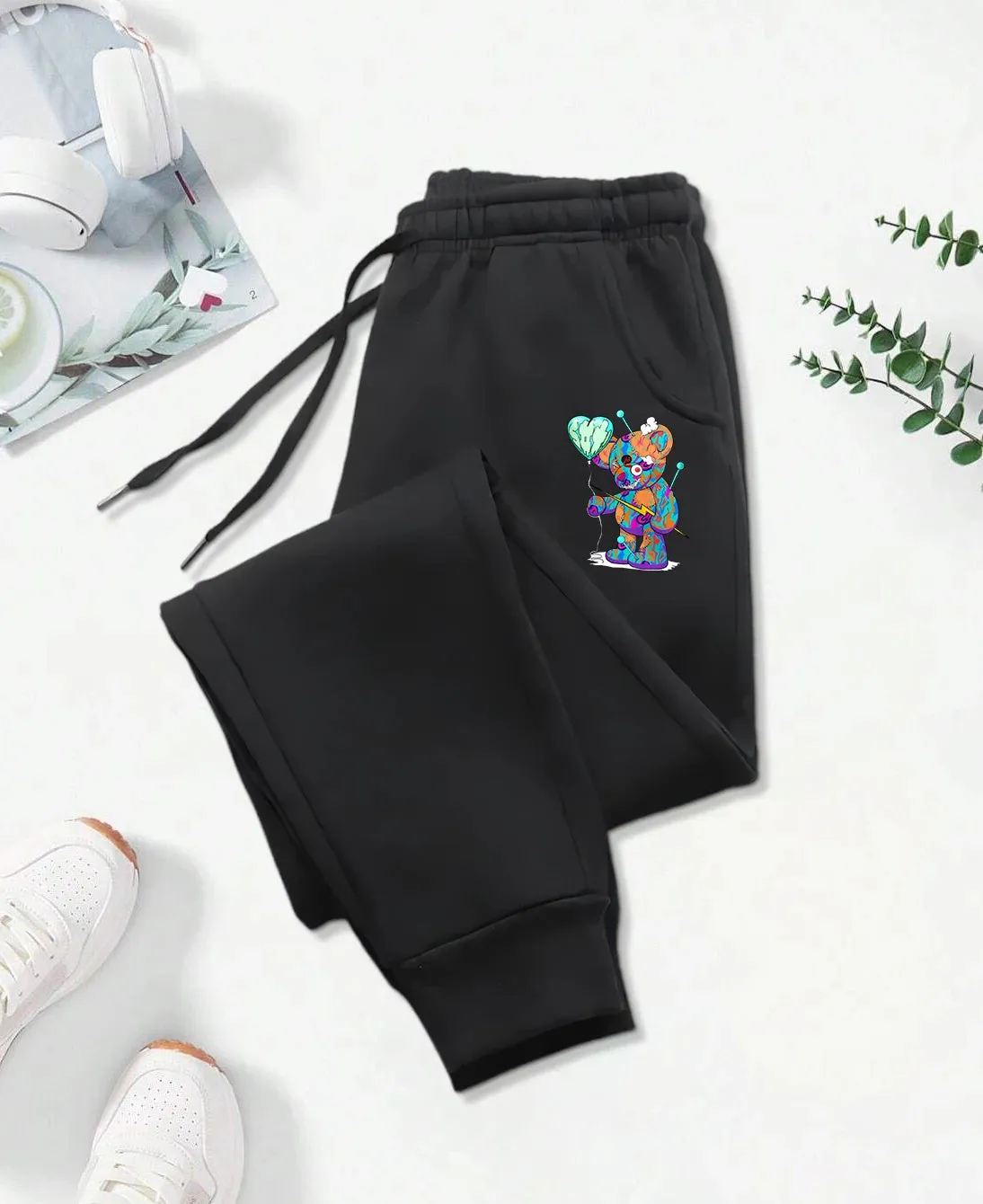 Puppet Bear with Balloon Cartoon Printed Sweatpants
