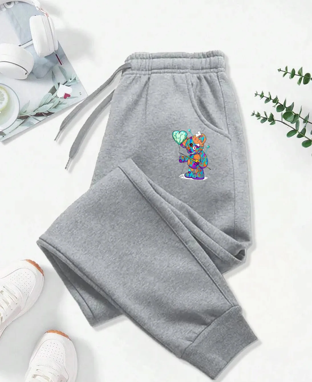 Puppet Bear with Balloon Cartoon Printed Sweatpants