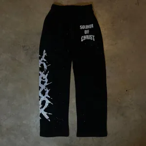 "Soldier Of Christ" Black Rhinestones Sweatpants