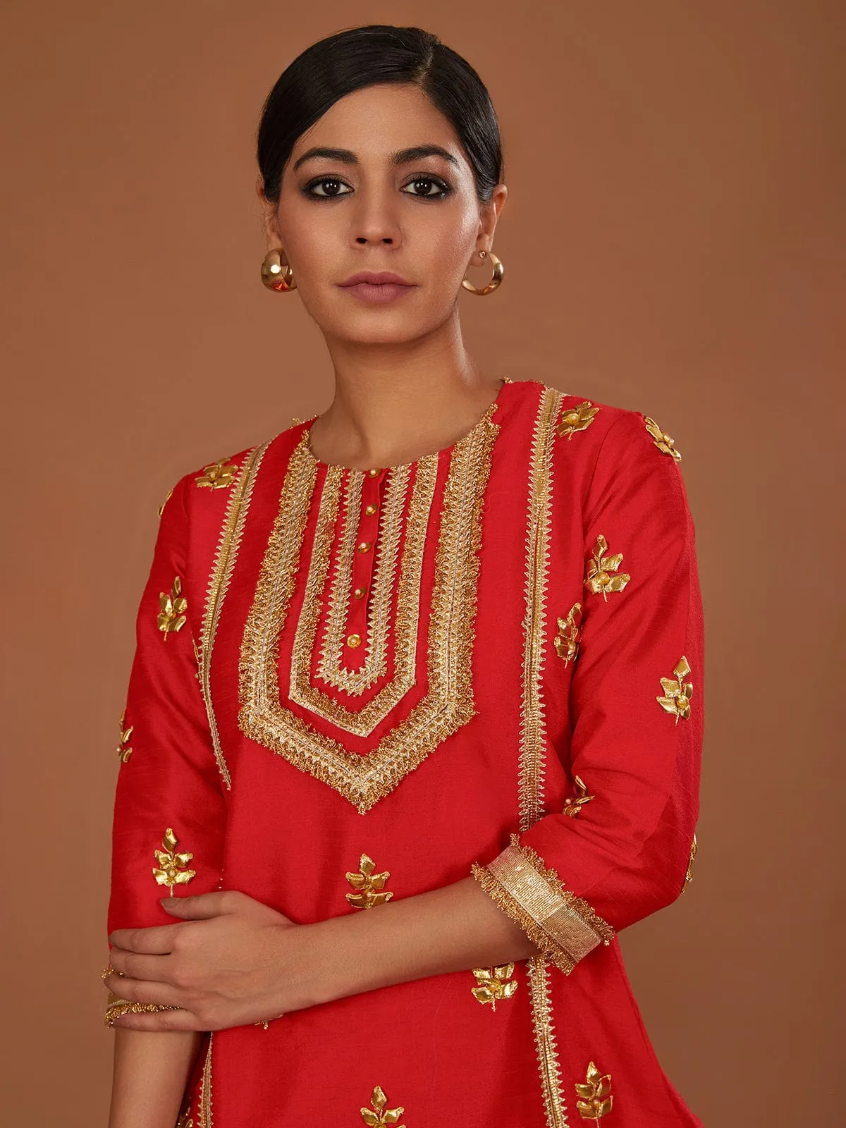Red Long Kurta with Tapered Side Cut Pant and Dupatta