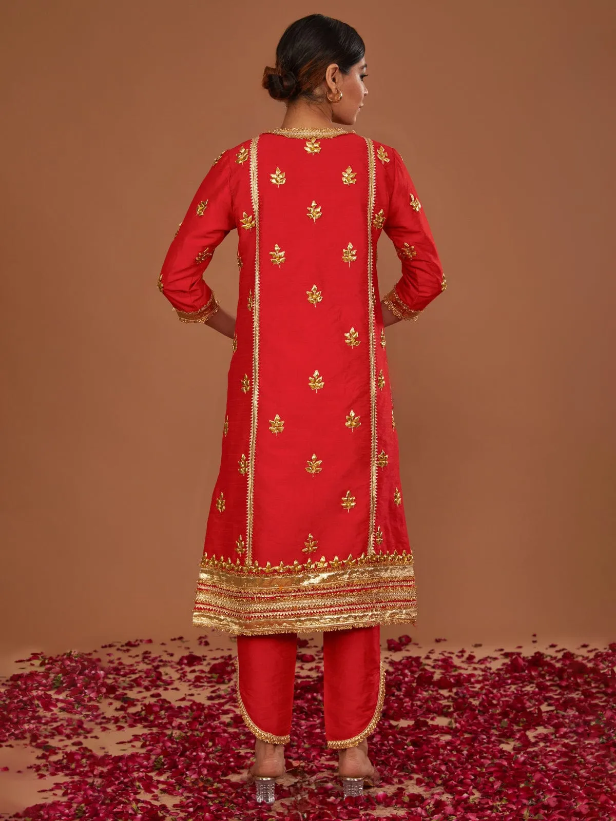 Red Long Kurta with Tapered Side Cut Pant and Dupatta