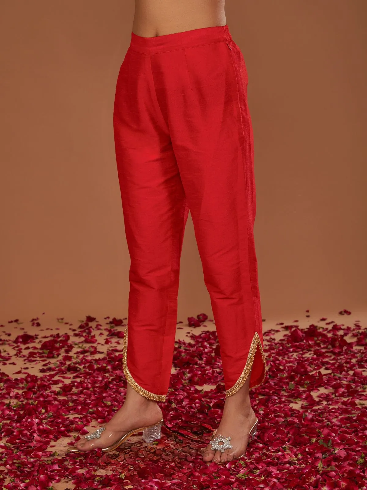 Red Long Kurta with Tapered Side Cut Pant and Dupatta