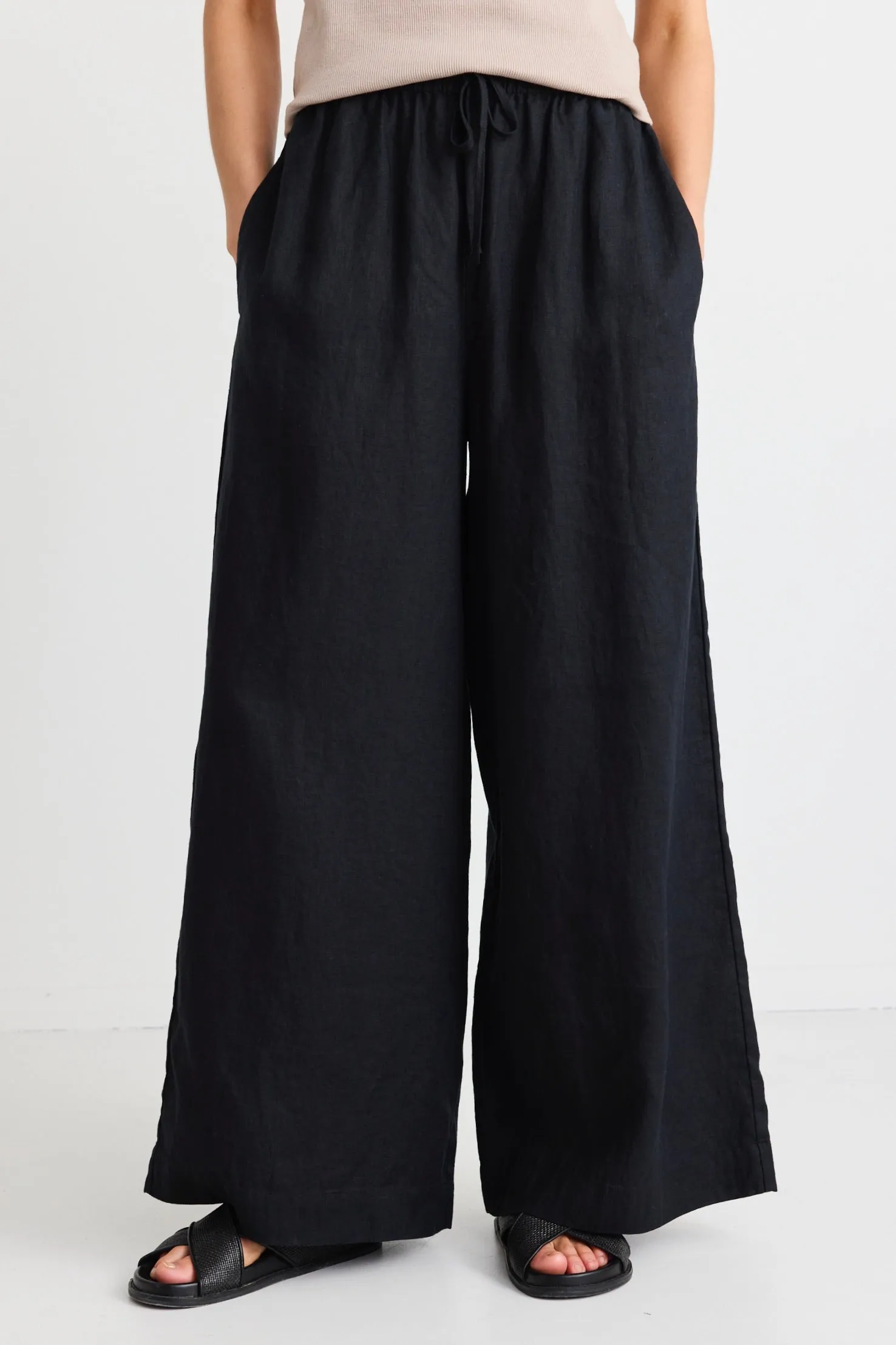 Resort Black Linen Tie Waist Pull On Wide Pants