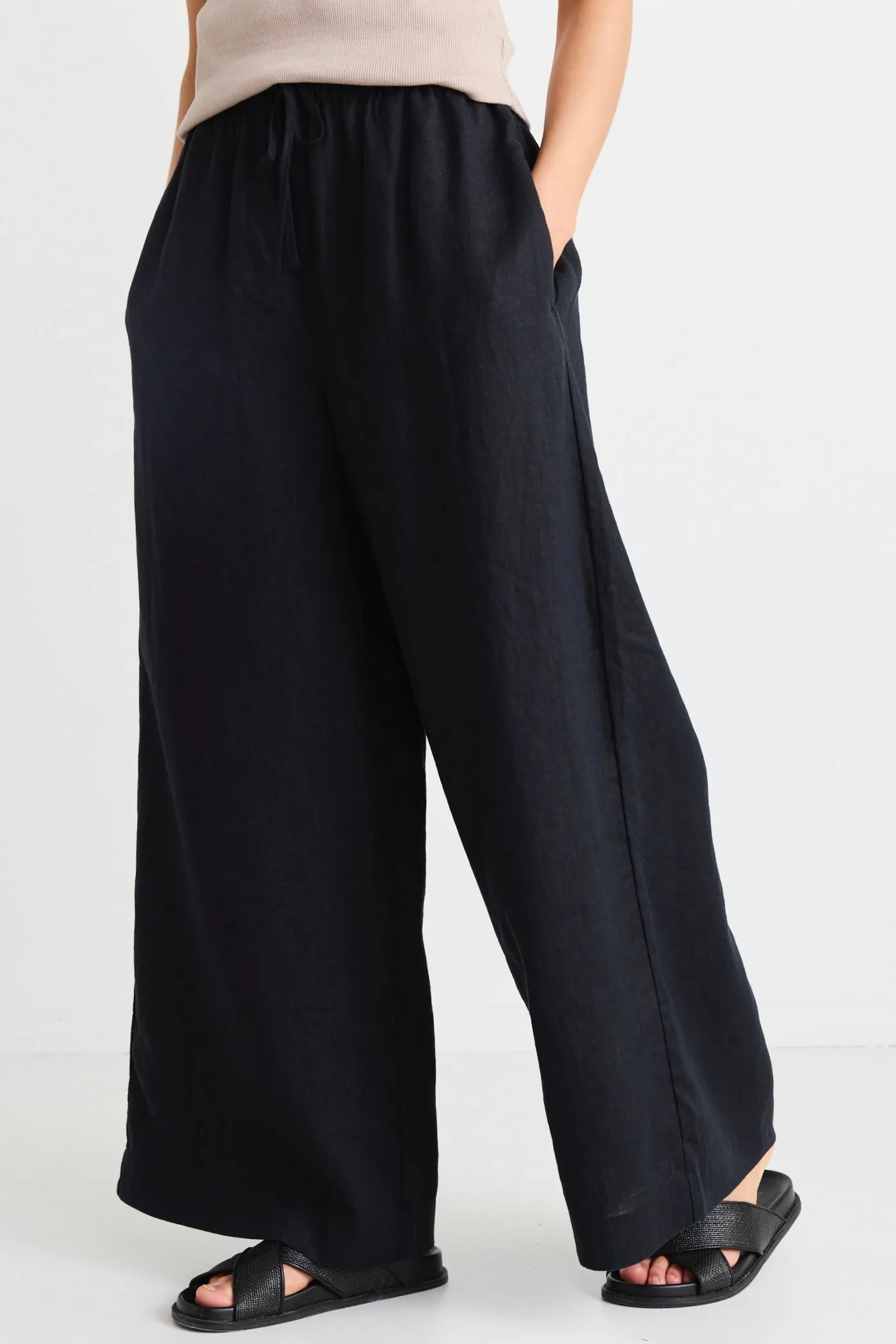 Resort Black Linen Tie Waist Pull On Wide Pants