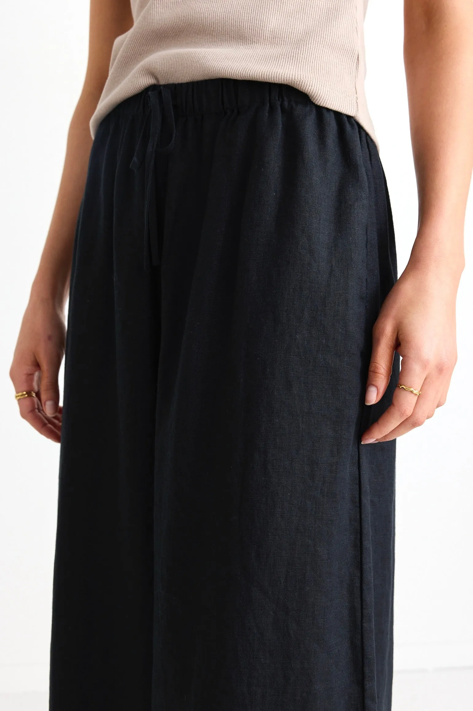 Resort Black Linen Tie Waist Pull On Wide Pants