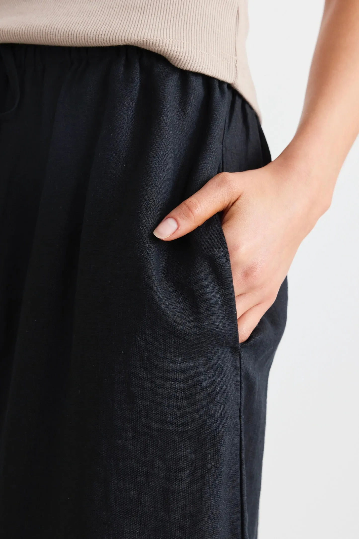 Resort Black Linen Tie Waist Pull On Wide Pants