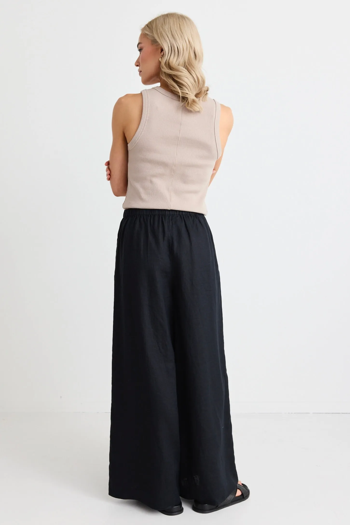 Resort Black Linen Tie Waist Pull On Wide Pants