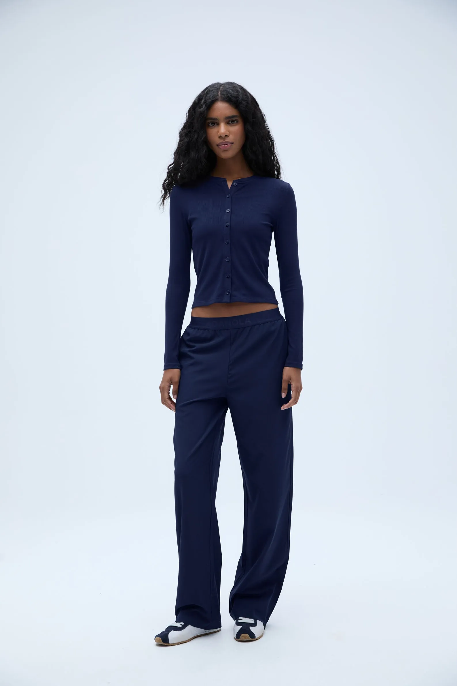 Rib Long Sleeve Button Through Top - Navy Blue