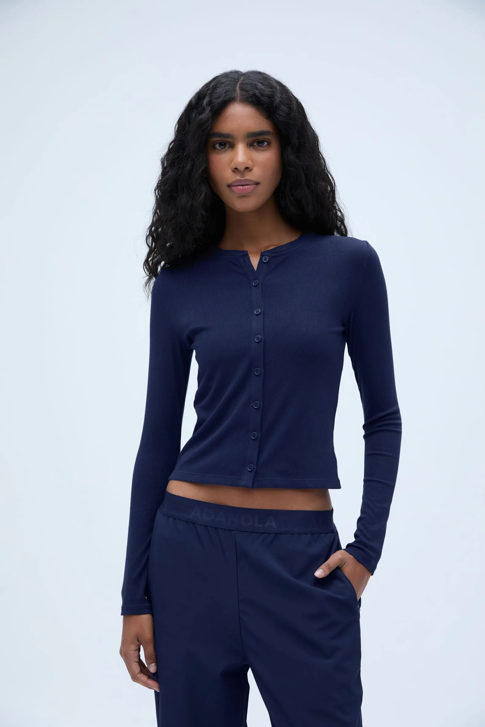 Rib Long Sleeve Button Through Top - Navy Blue