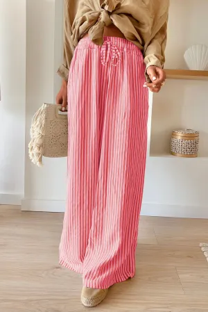 Rose Stripe Print Wide Leg Drawstring Pants