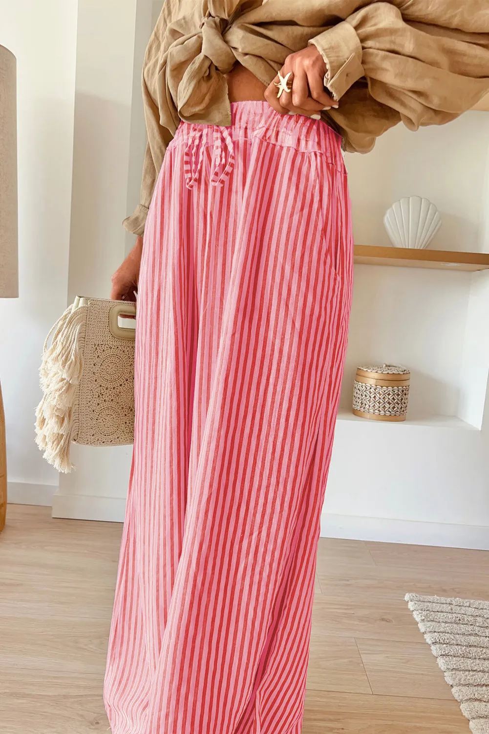 Rose Stripe Print Wide Leg Drawstring Pants