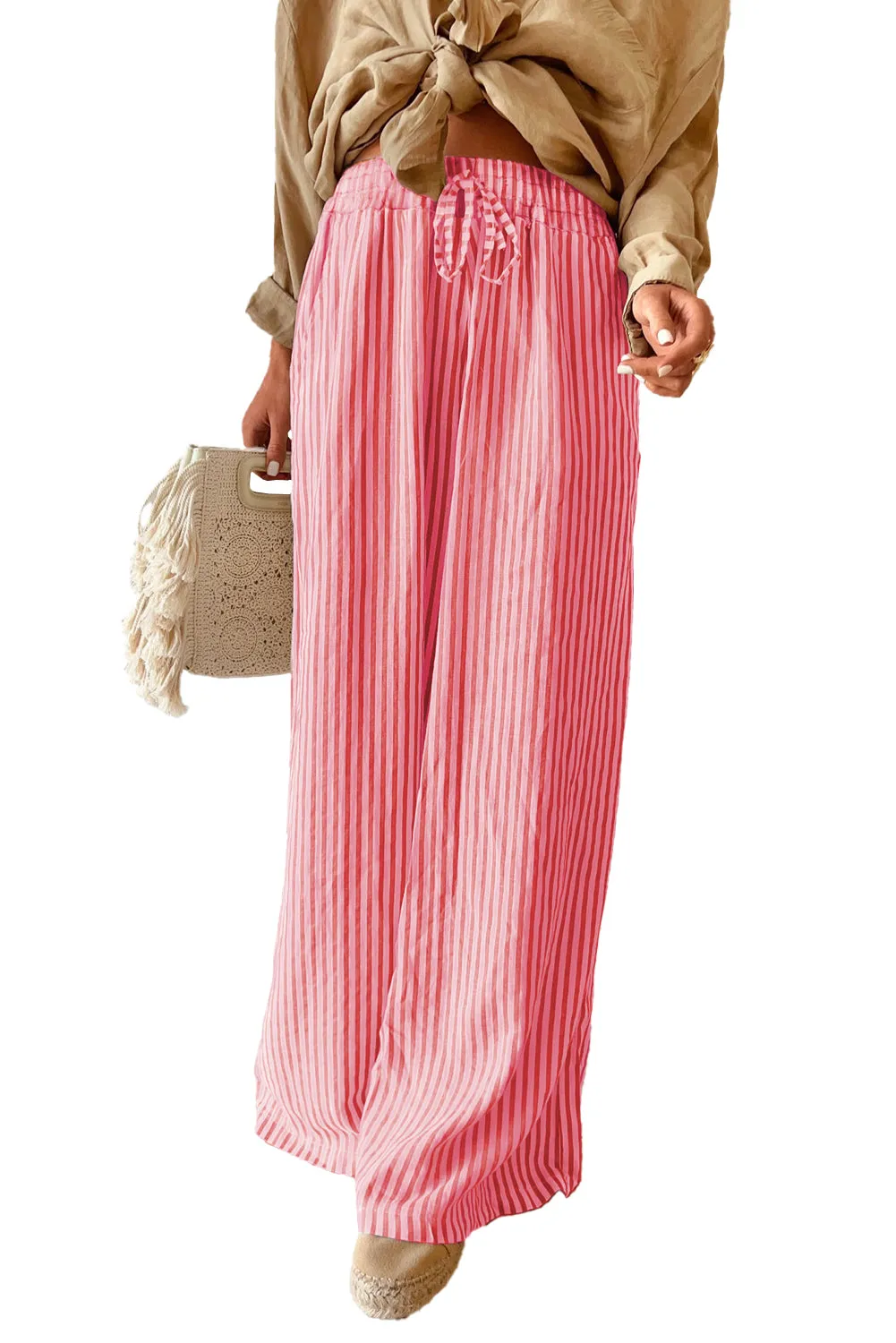 Rose Stripe Print Wide Leg Drawstring Pants