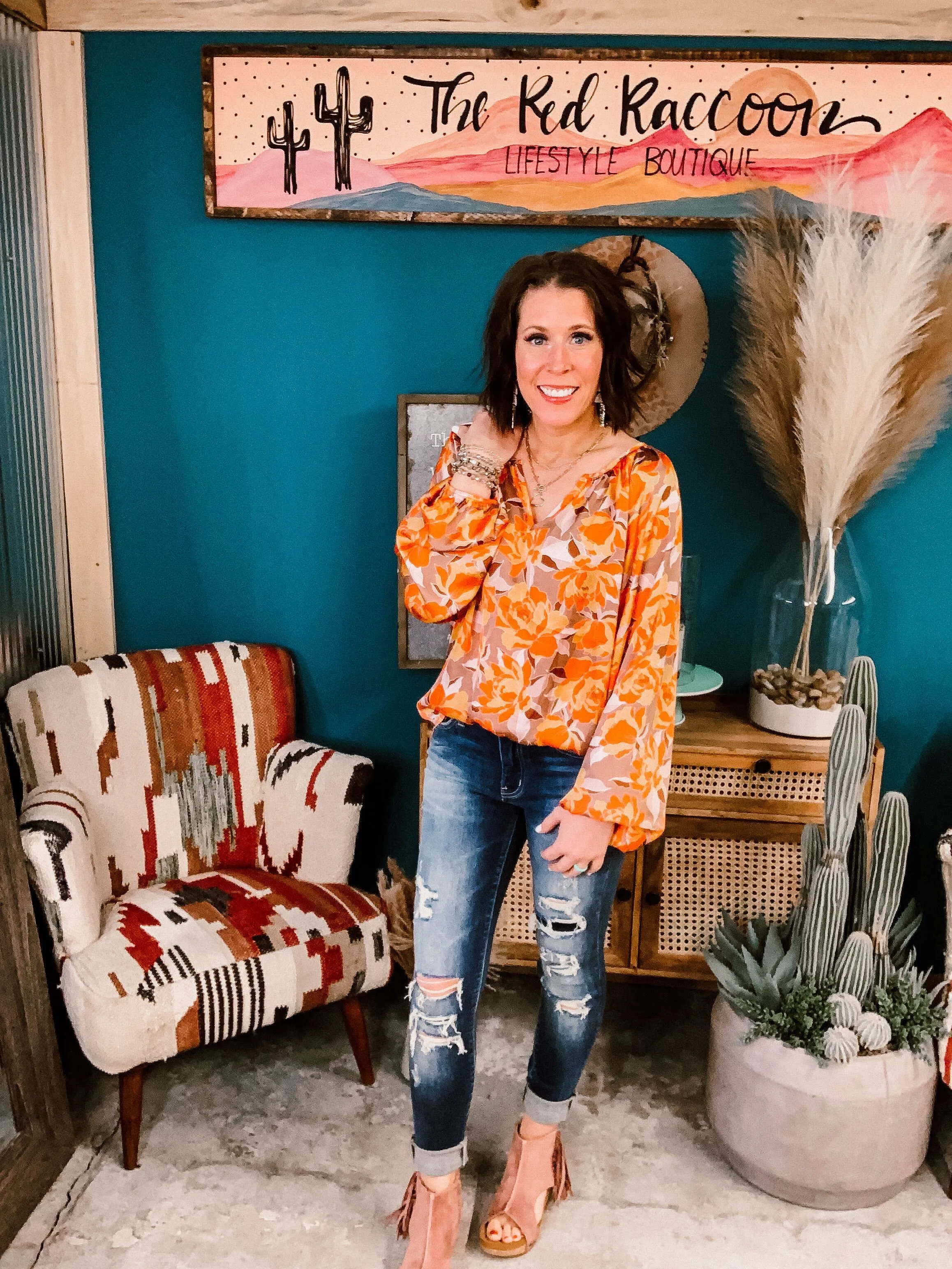Rust Floral Mix Long Sleeve Blouse