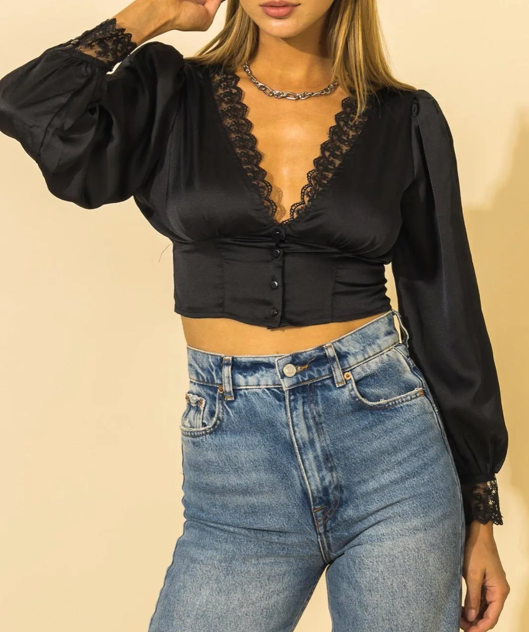 Satin Lace Deep V Neck Crop Top