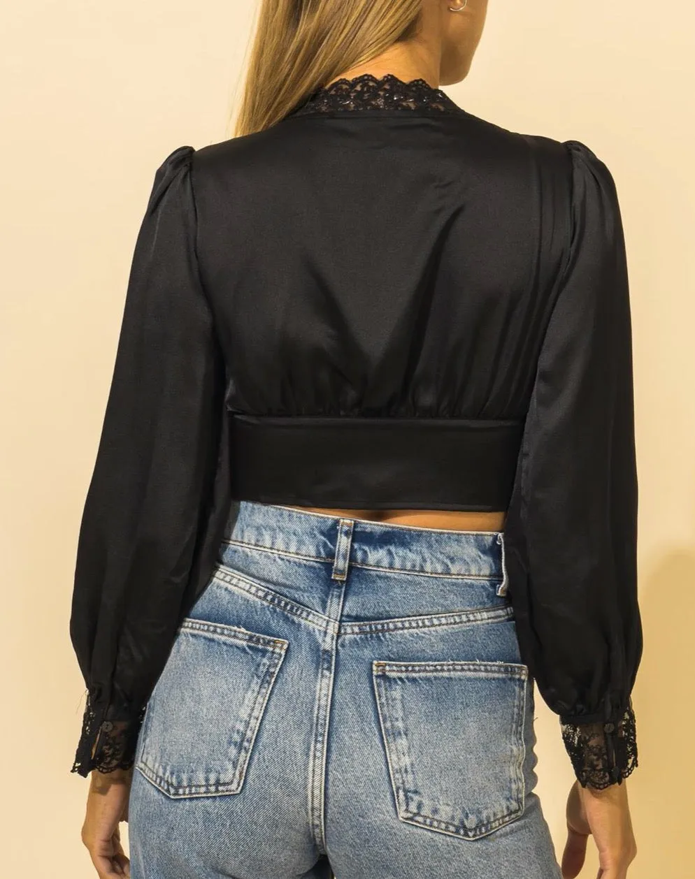 Satin Lace Deep V Neck Crop Top