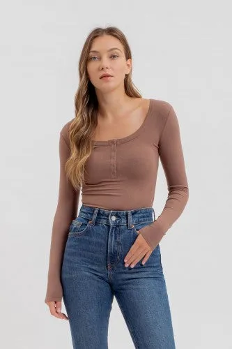 Scoop Neck L/S Henley Knit Button Top