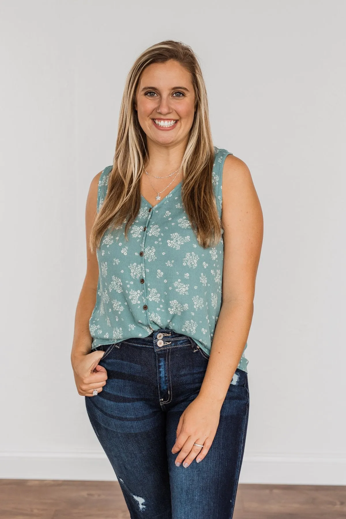 Sealed With A Kiss Floral Button Tank Top- Dusty Jade