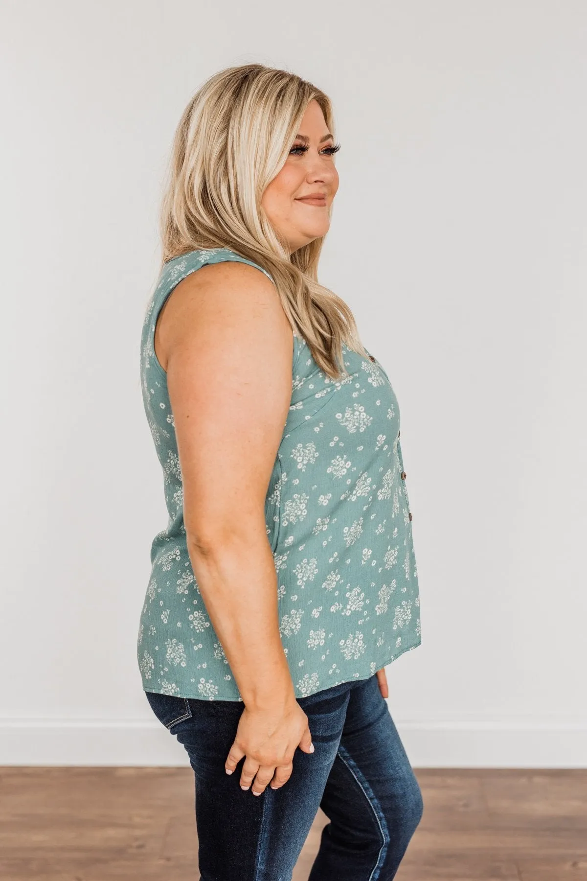 Sealed With A Kiss Floral Button Tank Top- Dusty Jade