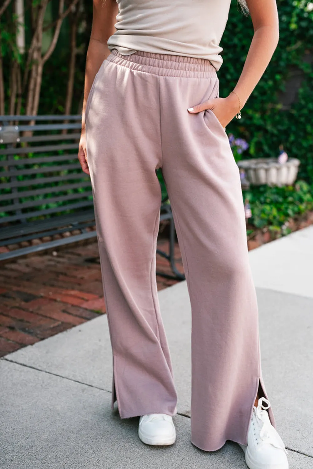 Sepia Rose Elastic High Waist Split Wide Leg Pants
