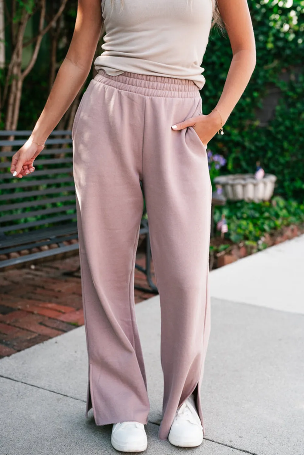 Sepia Rose Elastic High Waist Split Wide Leg Pants
