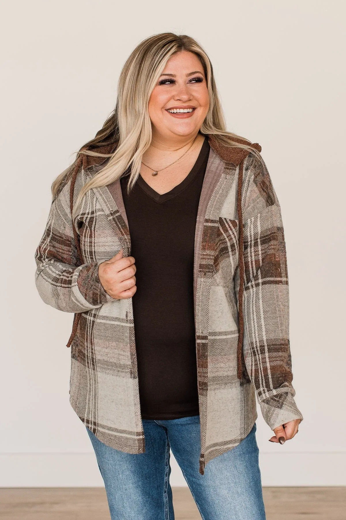Sitting Fireside Hooded Button Top- Brown