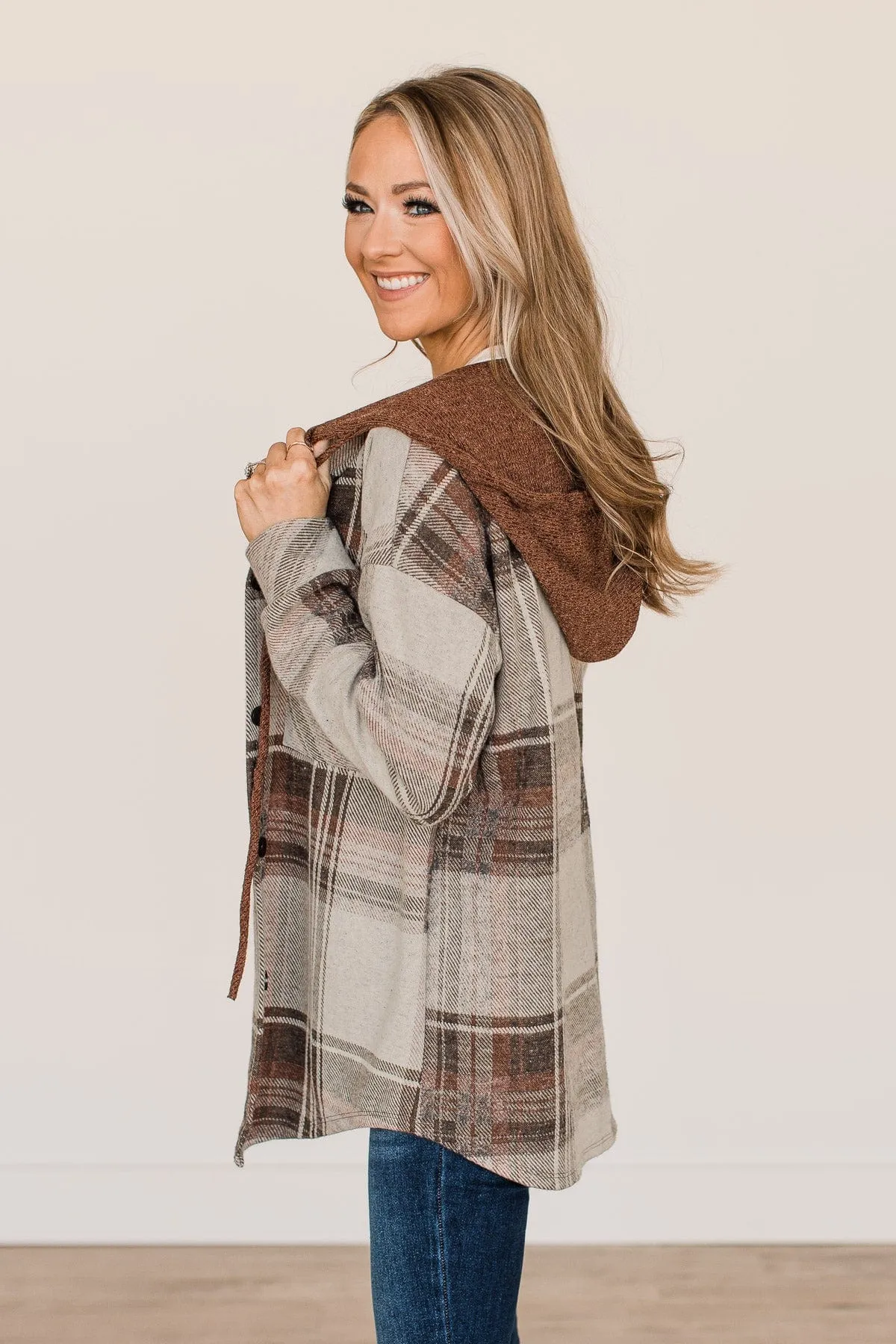 Sitting Fireside Hooded Button Top- Brown