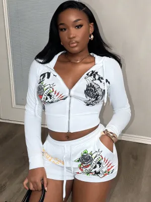 Slaydiva New Spring and Summer Casual Street Hooded Long-Sleeved Zipper Sweatshirt Cardigan   Slim Shorts Slogan Skull Print White Women'S Two-Piece Set-B