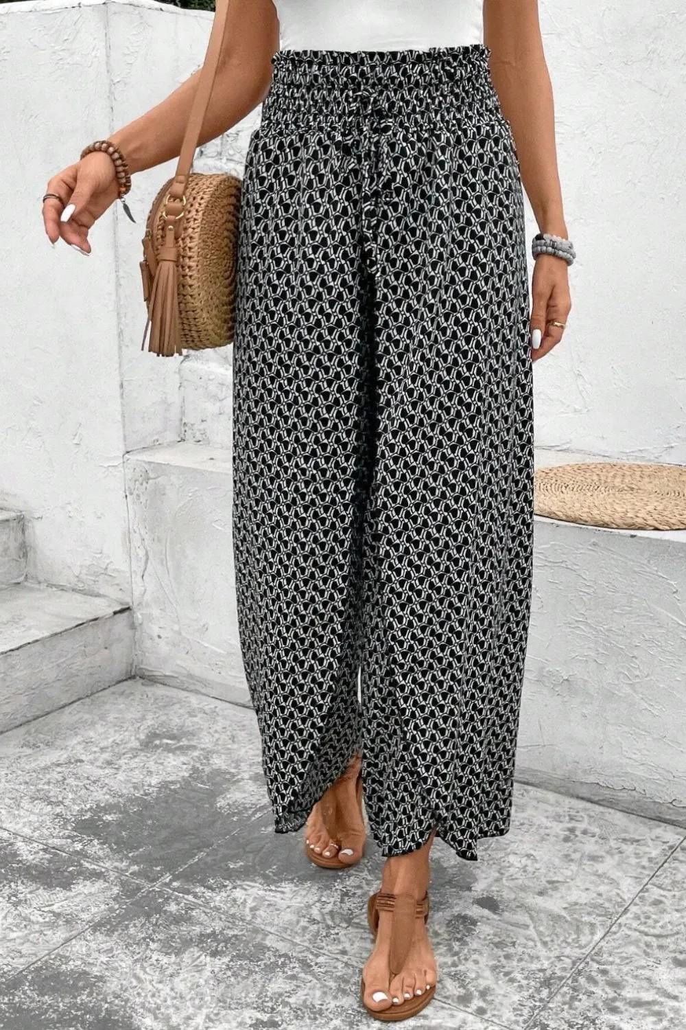 Slit Printed Wide-Leg Pants – Trendy & Flowy Statement Piece