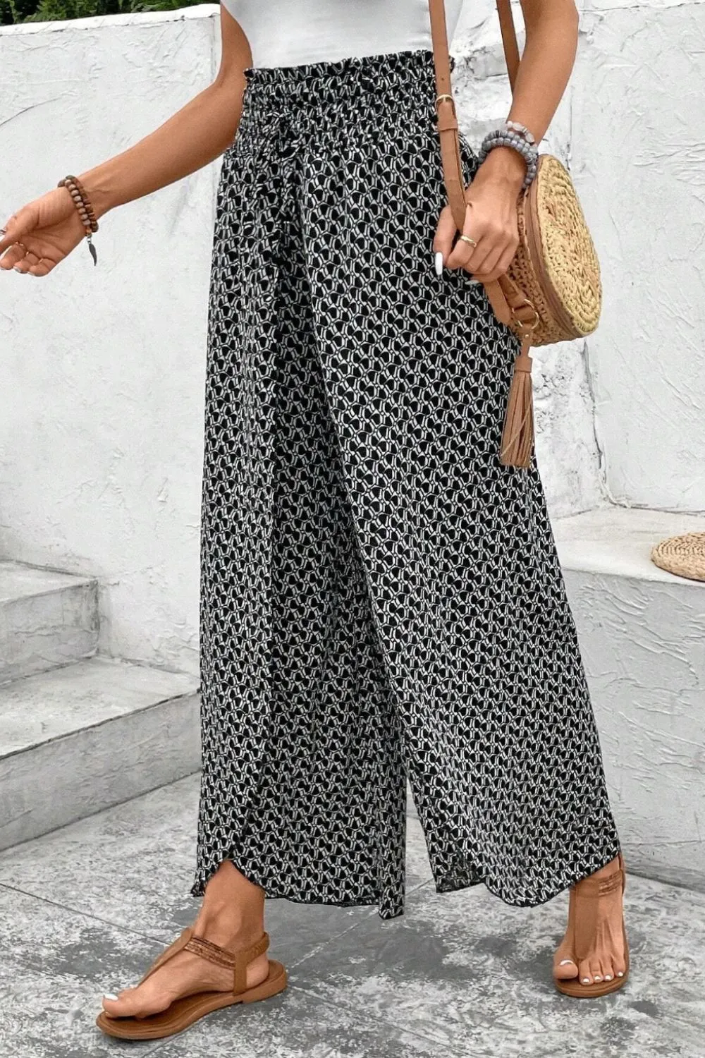 Slit Printed Wide-Leg Pants – Trendy & Flowy Statement Piece