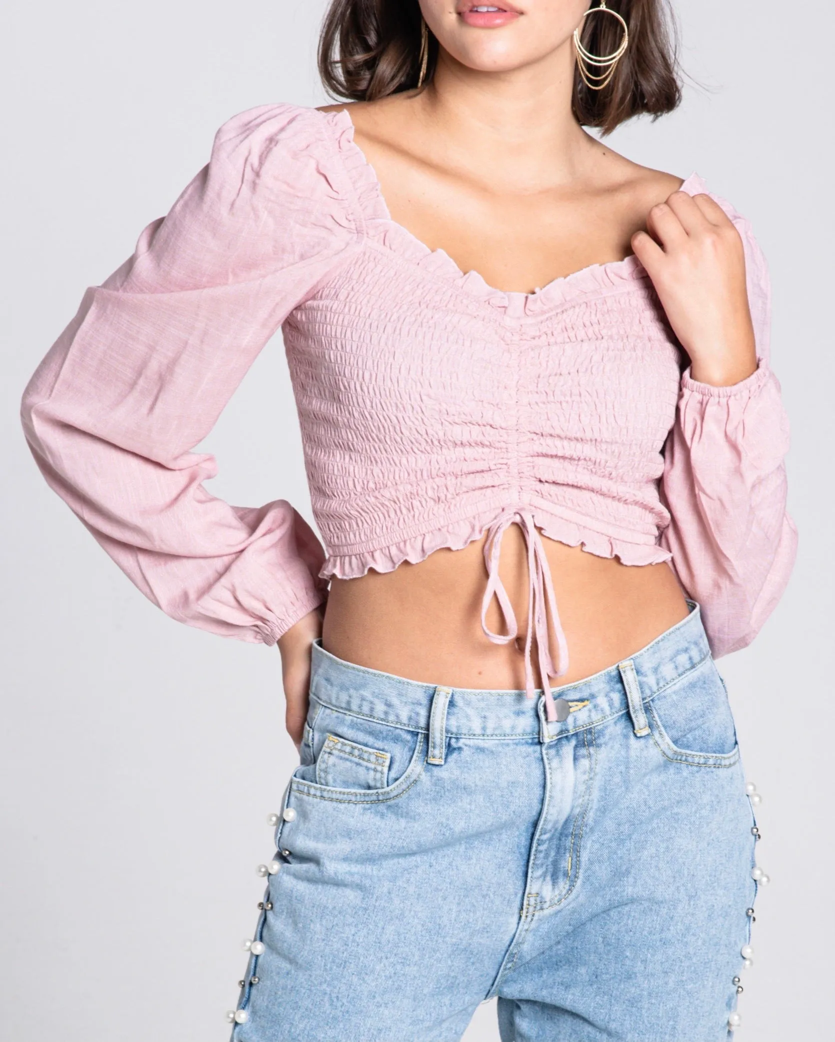 Smock Ruch Sweetheart Long Sleeve Crop Top
