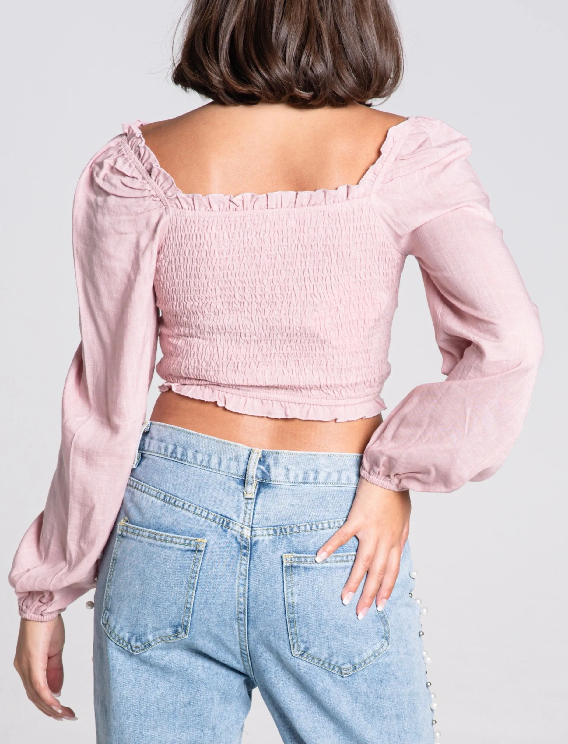 Smock Ruch Sweetheart Long Sleeve Crop Top