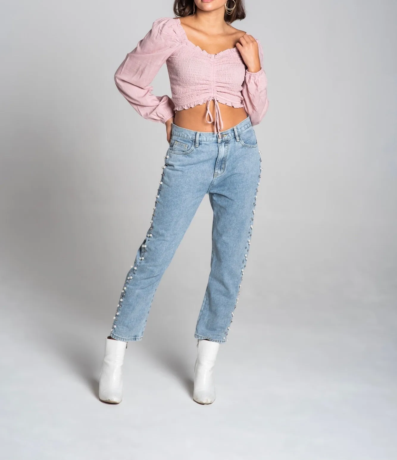 Smock Ruch Sweetheart Long Sleeve Crop Top