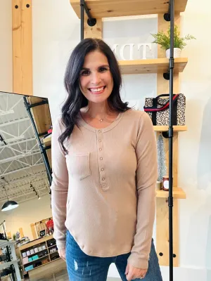 Snap Button Rib Top - Taupe