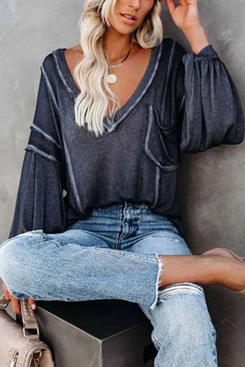 Solid Color Pullover V-Neck Bubble Long Sleeves Tops(4 Colors)
