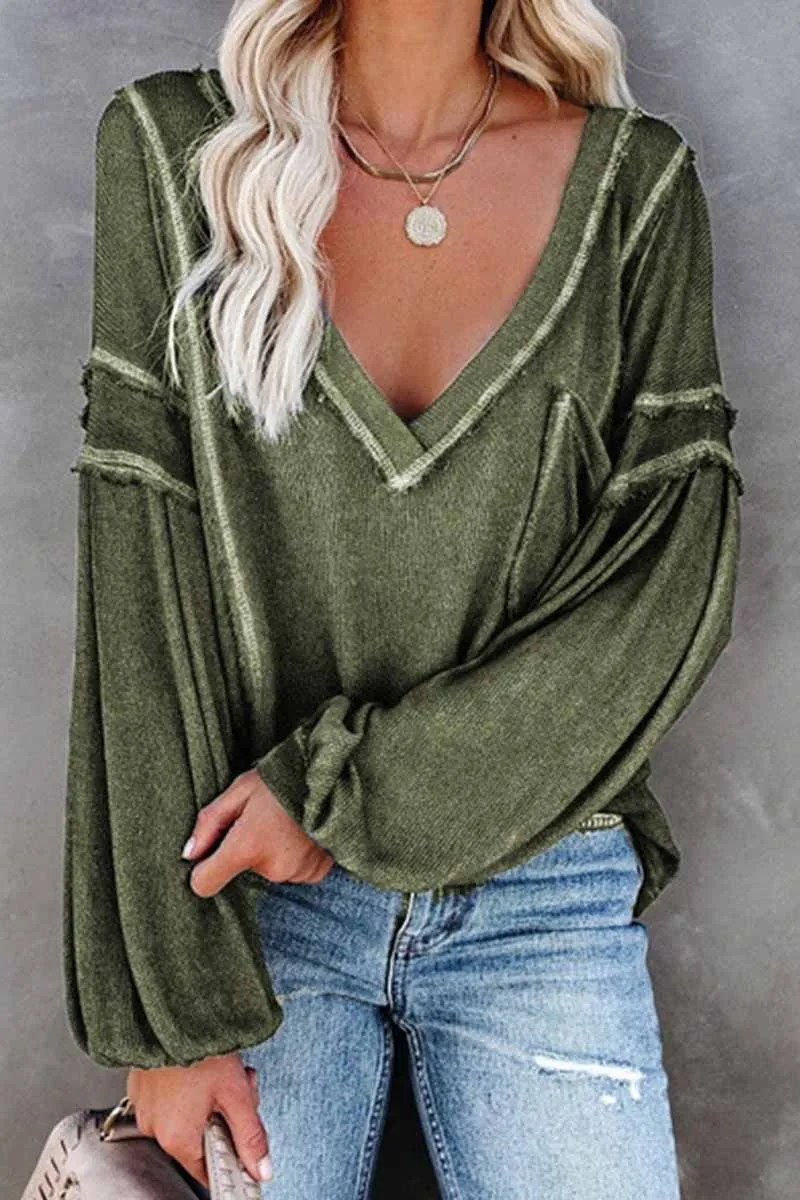 Solid Color Pullover V-Neck Bubble Long Sleeves Tops(4 Colors)