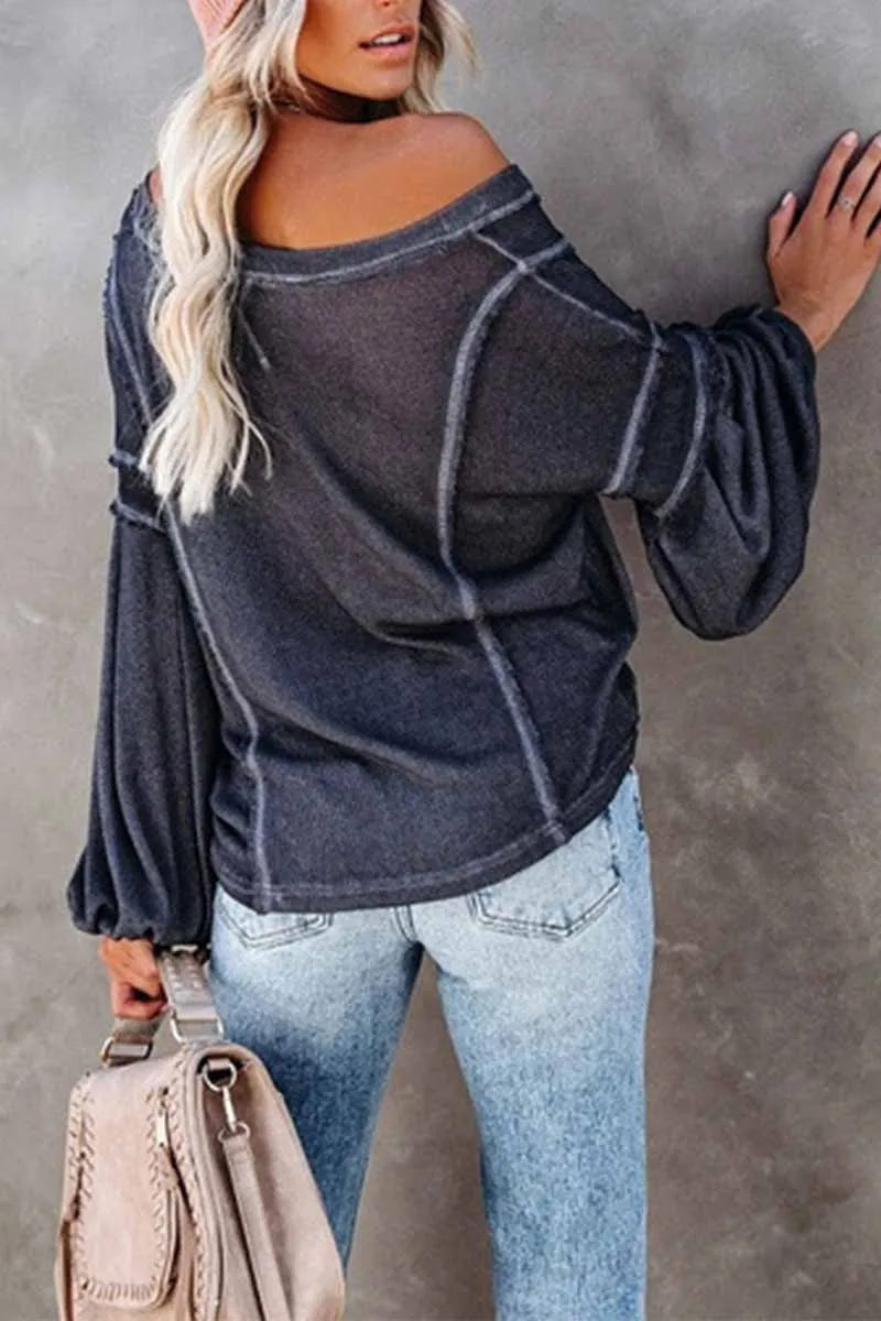 Solid Color Pullover V-Neck Bubble Long Sleeves Tops(4 Colors)