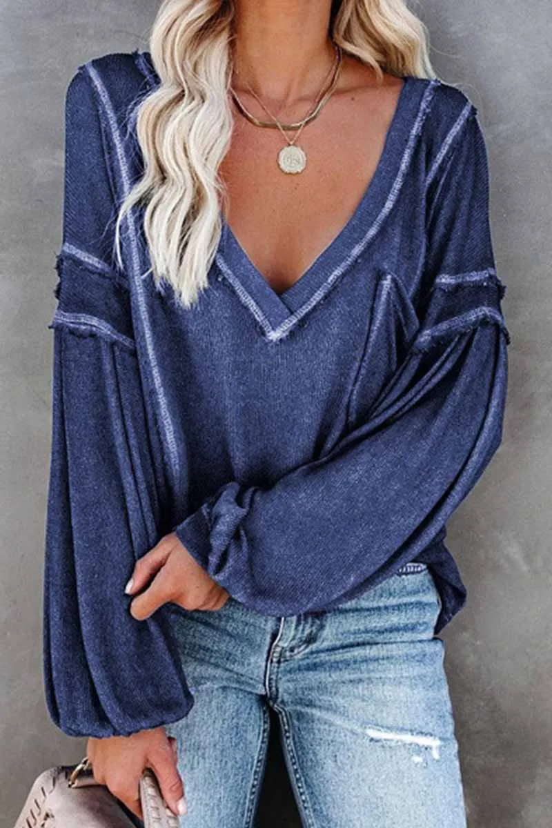 Solid Color Pullover V-Neck Bubble Long Sleeves Tops(4 Colors)