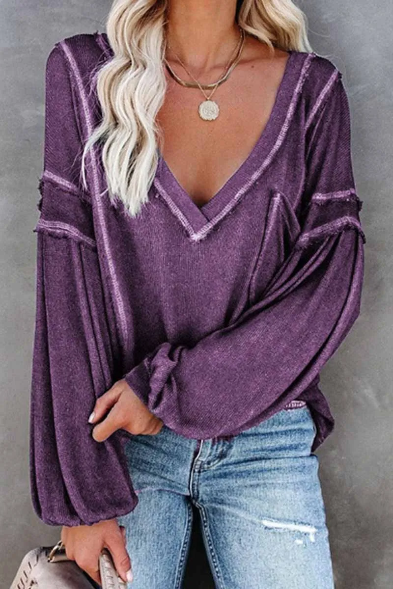 Solid Color Pullover V-Neck Bubble Long Sleeves Tops(4 Colors)