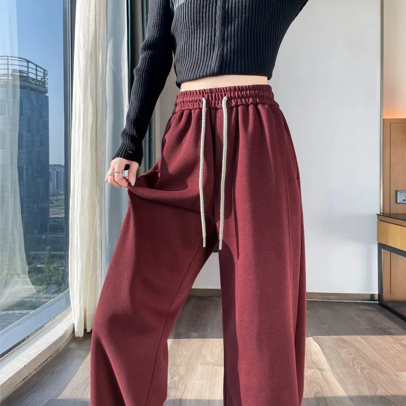Solid Color Straight-leg Sweatpants with Drawstring Waist