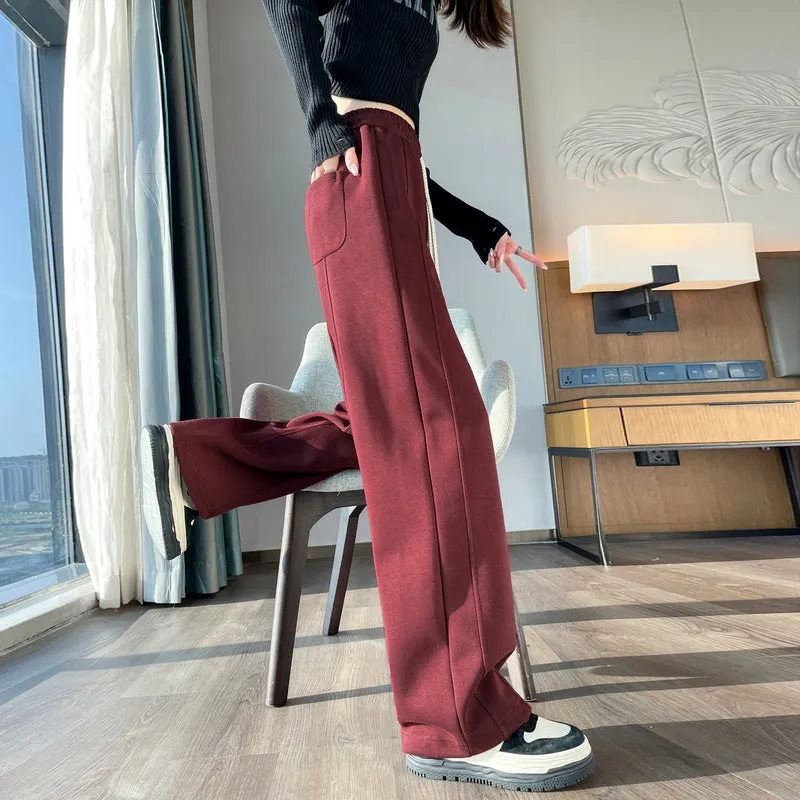 Solid Color Straight-leg Sweatpants with Drawstring Waist