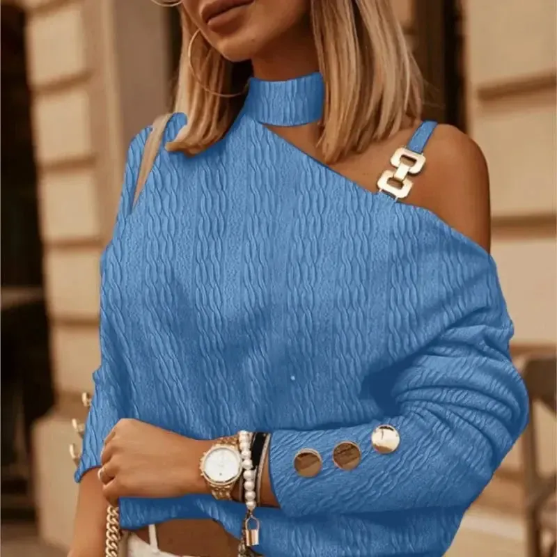Spring Autumn Sexy Off Shoulder Shirt Chain Hanging Neck Button tops Fashion Elegant Women's White Blouse Feminine Clothing