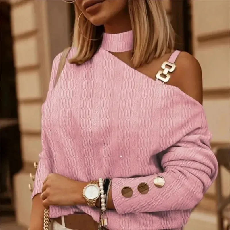 Spring Autumn Sexy Off Shoulder Shirt Chain Hanging Neck Button tops Fashion Elegant Women's White Blouse Feminine Clothing