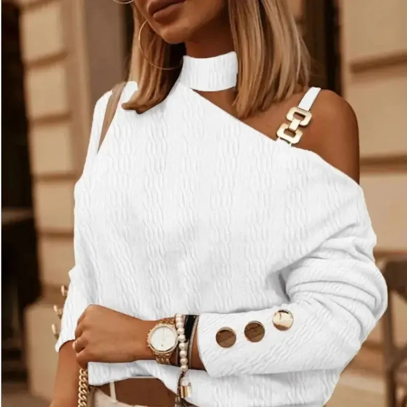 Spring Autumn Sexy Off Shoulder Shirt Chain Hanging Neck Button tops Fashion Elegant Women's White Blouse Feminine Clothing