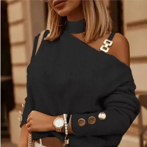 Spring Autumn Sexy Off Shoulder Shirt Chain Hanging Neck Button tops Fashion Elegant Women's White Blouse Feminine Clothing