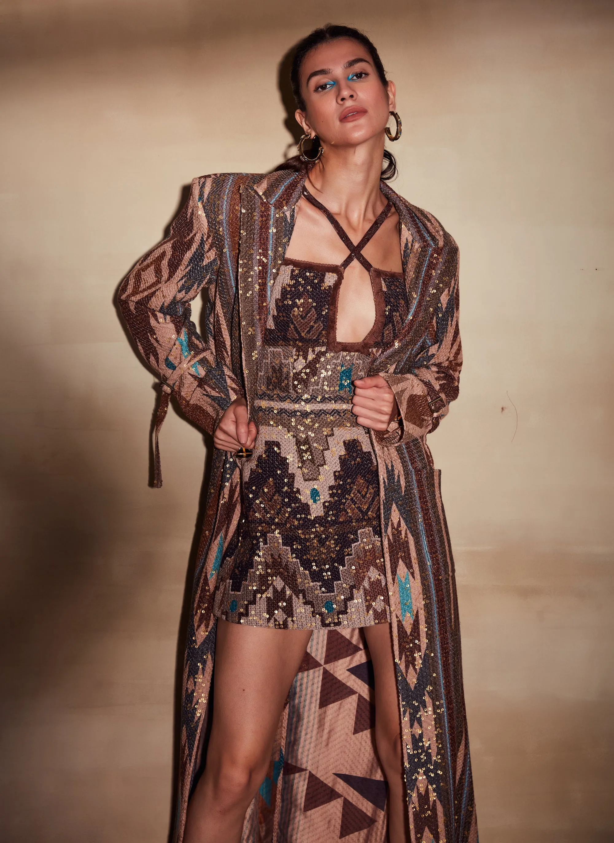 Stripe Aztec Trench Coat