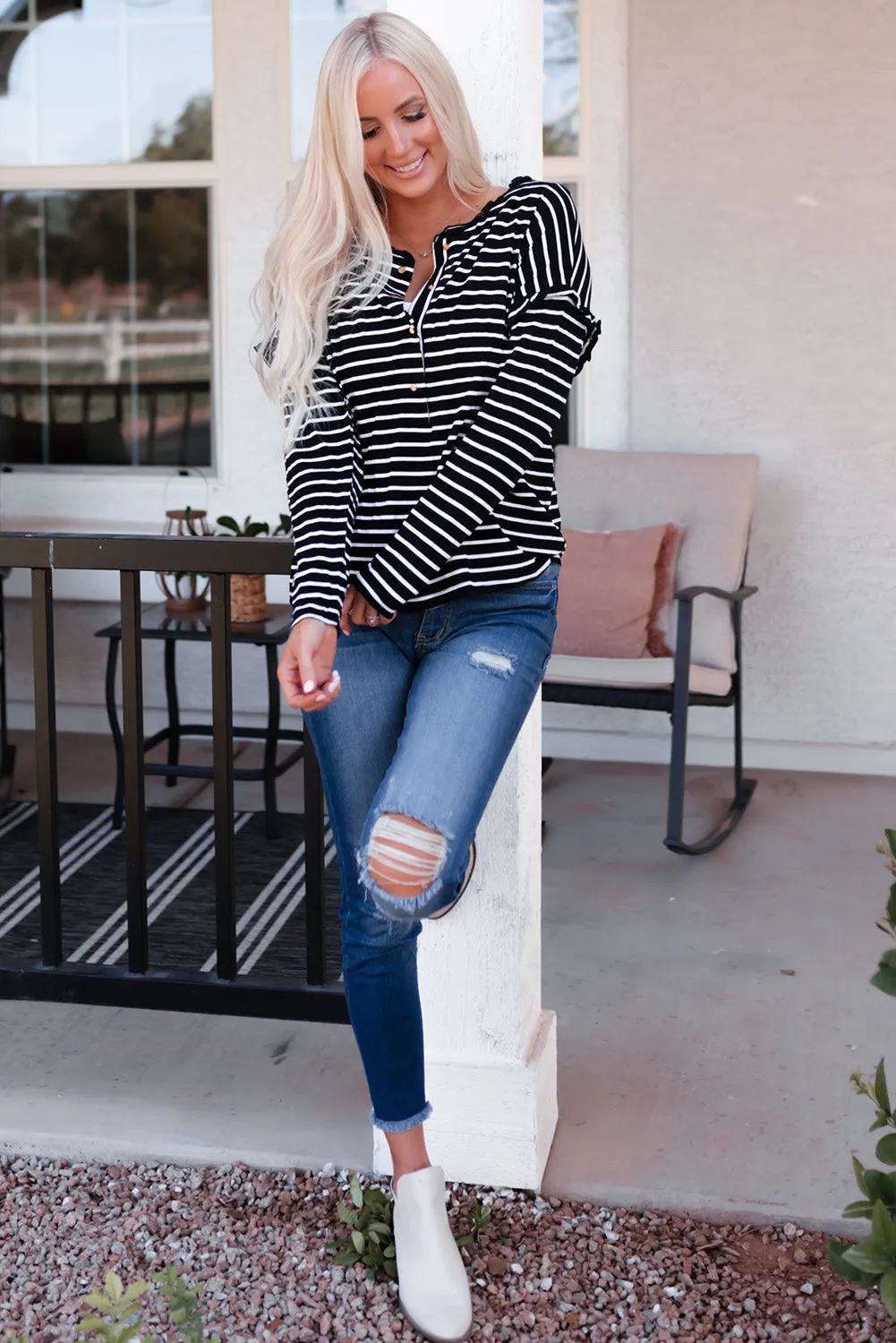Striped Ruffled Long Sleeve Top