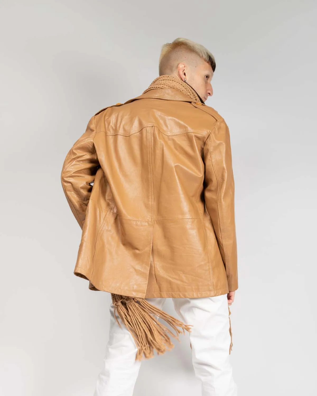 Tan beige '70s leather trench coat