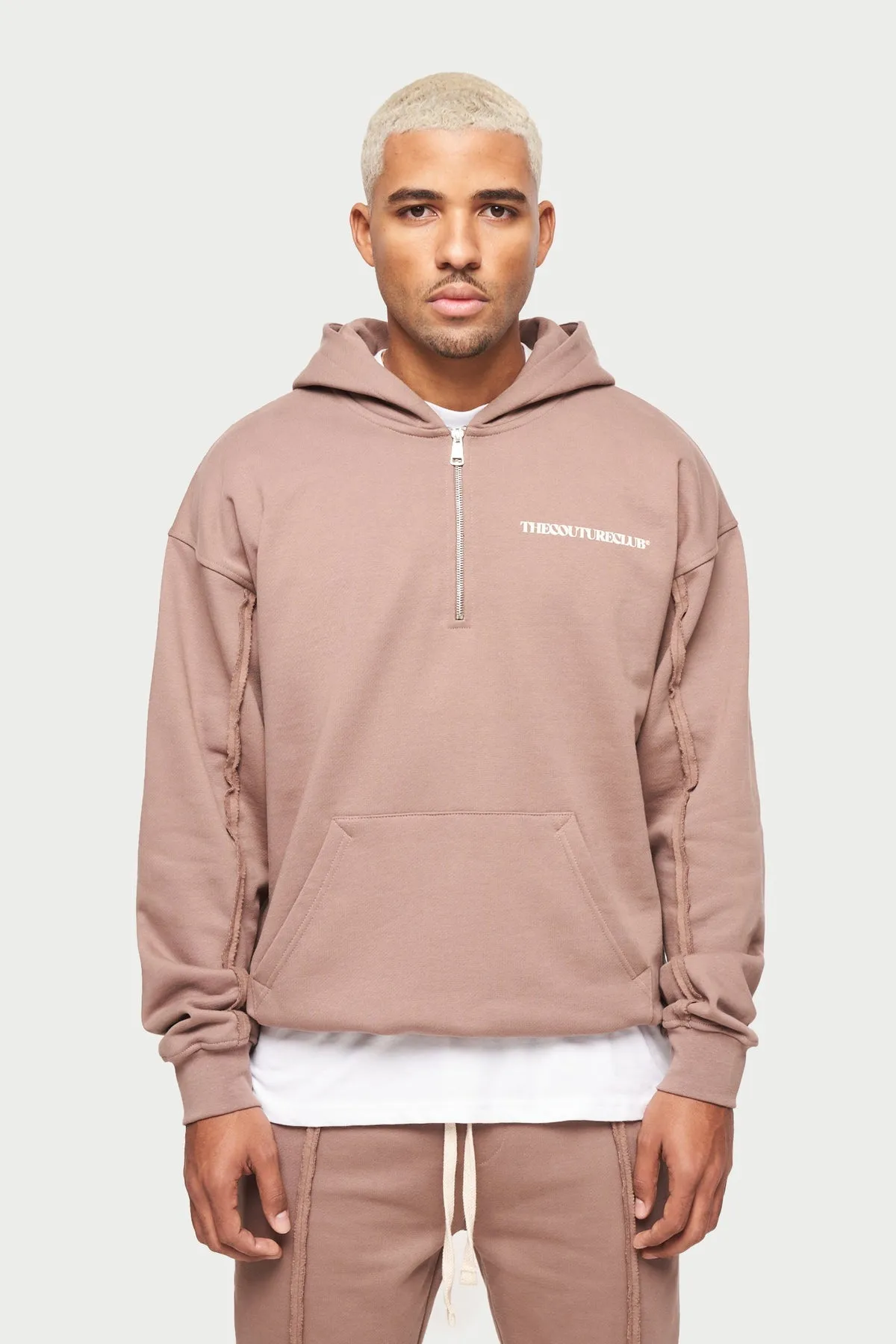 The Couture Club Raw Seam Quarter Zip Hoodie Coffee